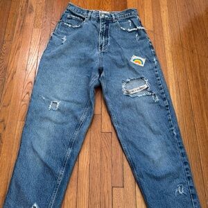 Born Again Bluez blue distressed high waisted jeans, size S patched ankle boho